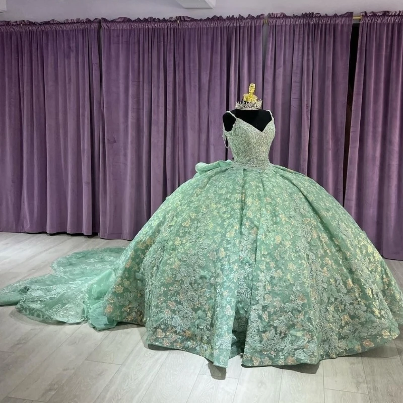 Lorencia-Vestidos De quinceañera verde salvia, apliques De flores, bordado con cuentas, vestido De fiesta De espagueti, 15 años, YQD311