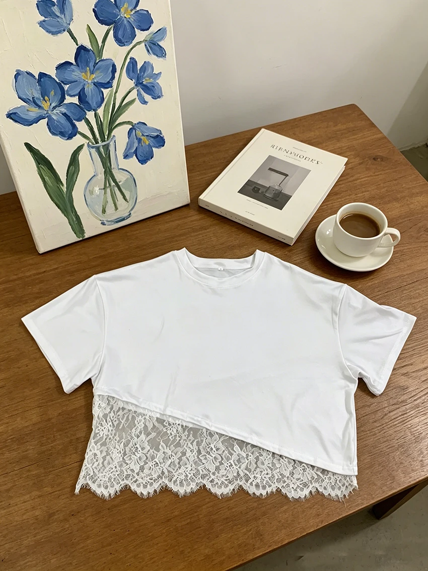 Women Casual Black White Short Sleeve Tee 2026 New Irregular Lace Patchwork Crop Top Elegant Slim Streetwear Summer Fashion Tops