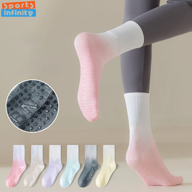 Fashion Gradient Color Mid Tube Yoga Socks Anti-slip Professional Pilates Socks Women Indoor Dance Fitness Sports Socks Women