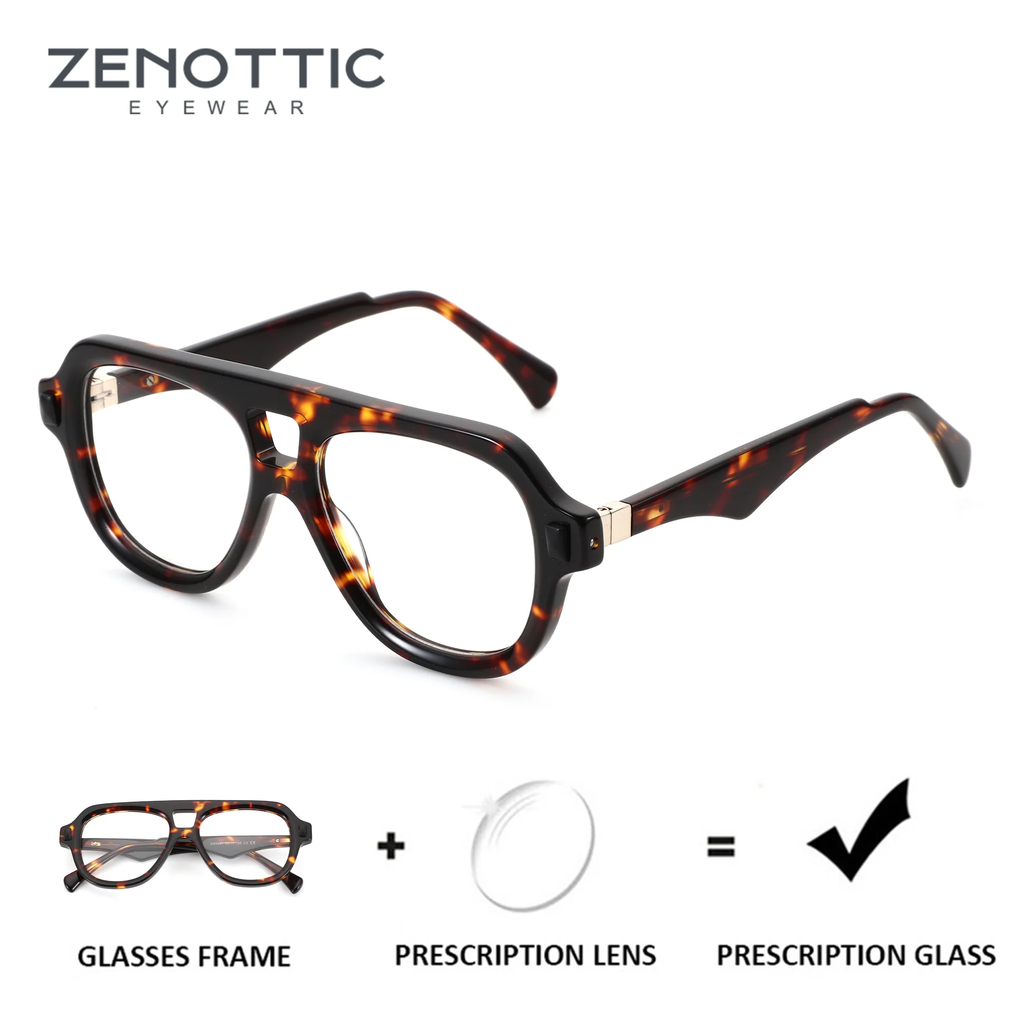 

ZENOTTIC (L Size）Handmade Acetate Prescription Glasses Aviator Optical Lenses With Recipe Man Myopia Eyeglasses Men