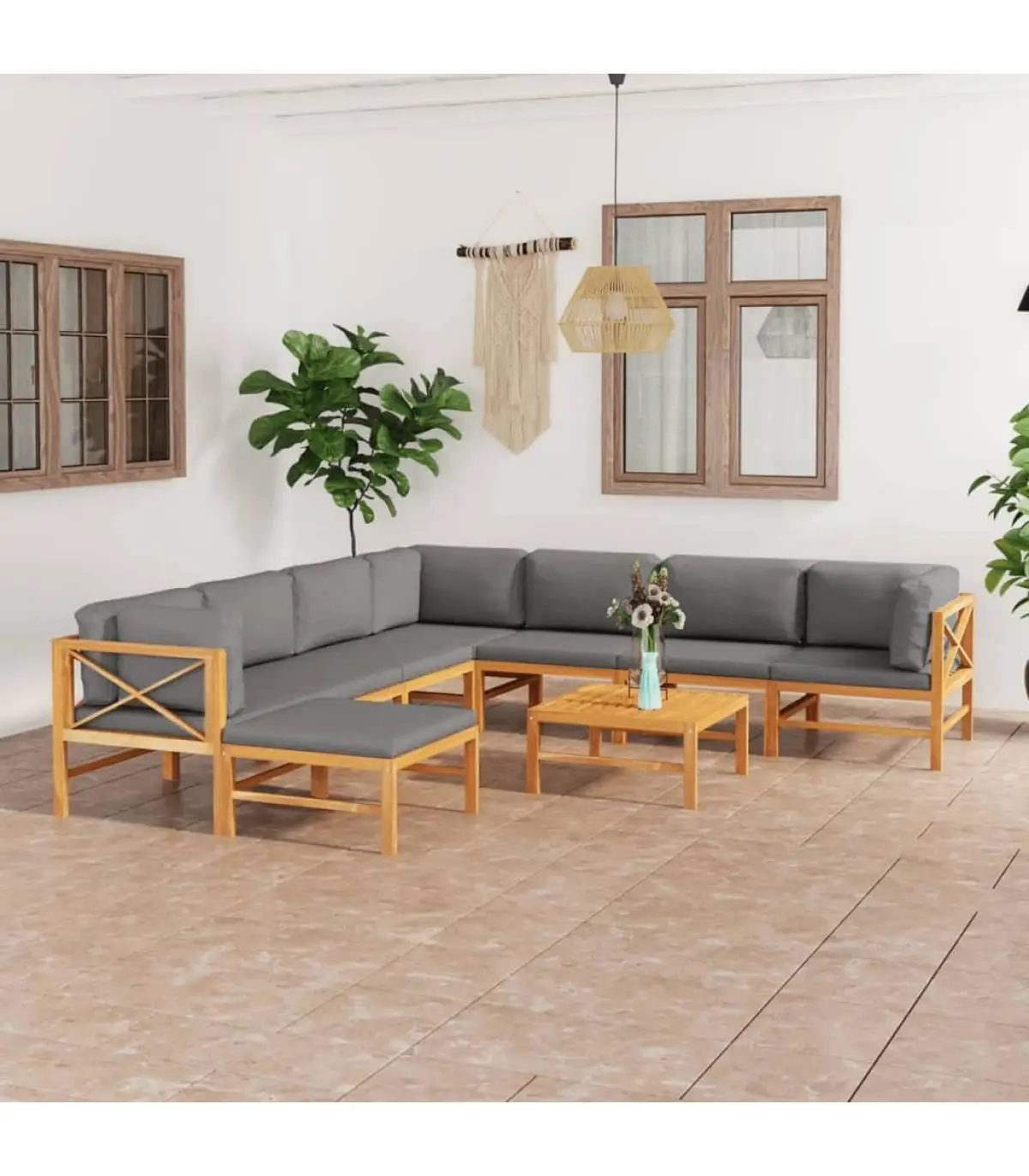 Garden sets garden furniture Set 9 PCs teak wood and gray cushions