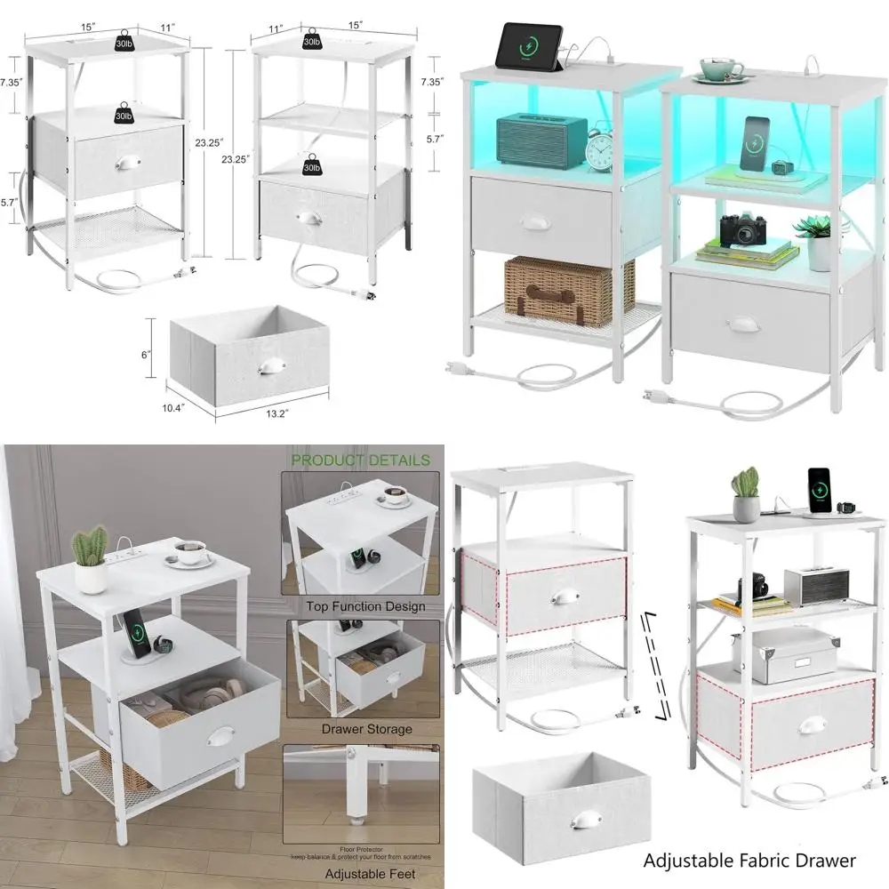 

Комплект из 2-х прикроватных тумбочек со светодиодной подсветкой, зарядной станцией, тканевыми ящиками, местом для хранения и открытыми полками, белый