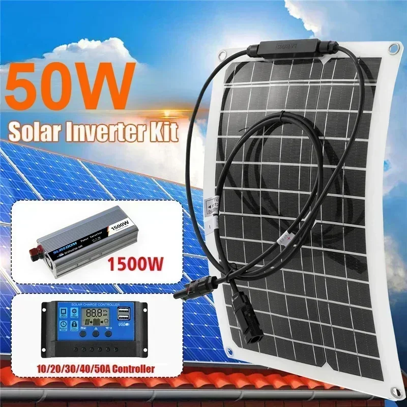 Solar Power System Kit, Battery Charger, 50W Solar Panel, 10-60A Charge Controller, Complete Power Generation, Home Grid Camp