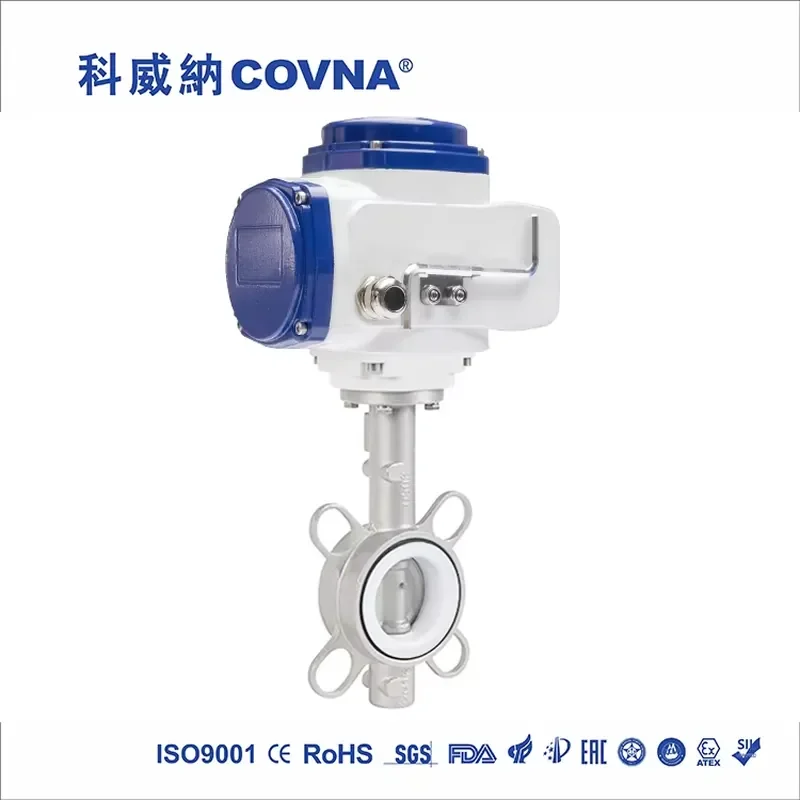 COVNA DN200 8 Inch PN16 PTFE Rubber Seat Wafer Type Stainless Steel 12V DC Modulating Electric Actuator Butterfly Valve