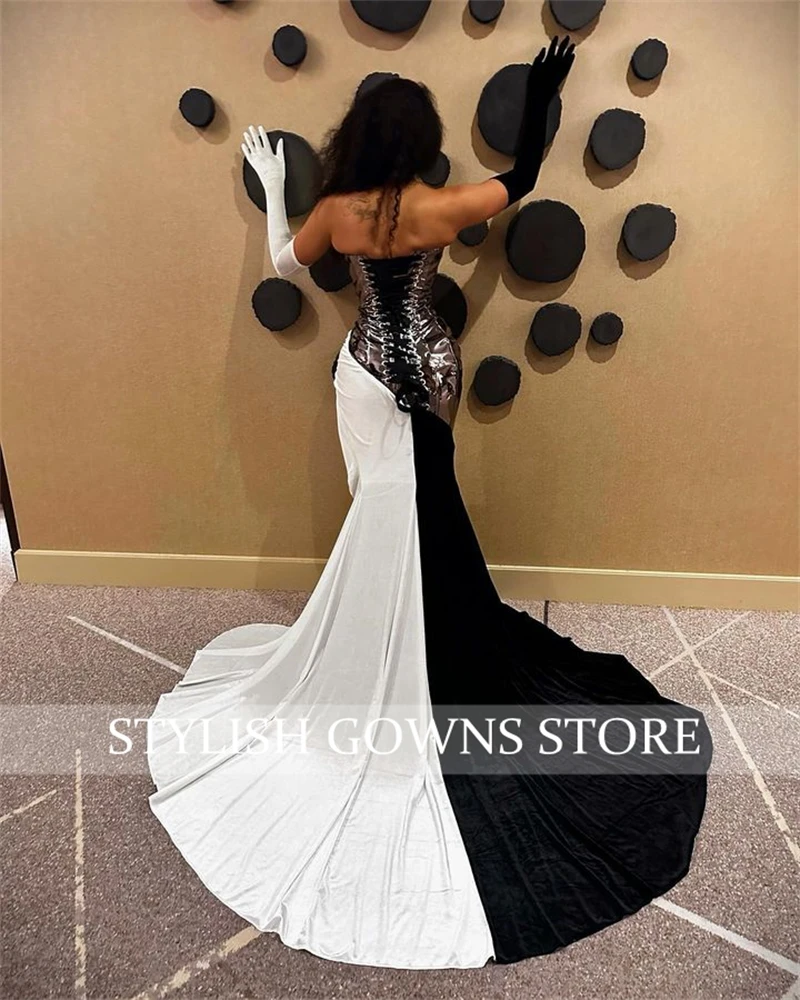 Luxury Sweetheart Evening Dresses Black And White Gloves Long Prom Gowns Black Girls High Slit Birthday Party Customized