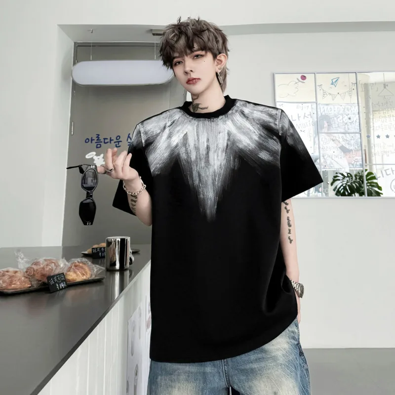WVGA 2026 Summer New Man O-Neck Color-Block Hand-Painted Geometric Pattern Short Sleeve T-Shirt Niche Chic Casual Top Ins W22221