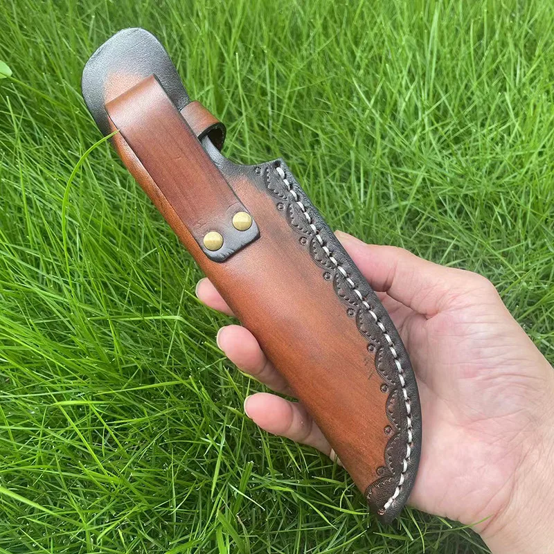 23.5 CM Fixed Blade Knife Holder First Layer Cowhide Lion Head Button Leather Cover Kitchen Knife Protective Cover Scabbard