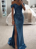 Sequin Long Dresses Women Sexy Off Shoulder Evening Dress Ladies Elegant Fashion Slash Neck Prom Female High Split Gown Vestidos 3