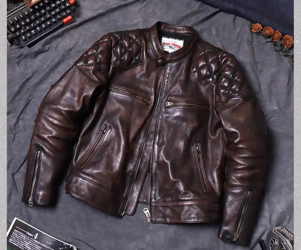 YR Wholesales.Luxury Motor Rider leather jackets.Retro style real coat.Vintage brown horsehide coat.Heavy wear