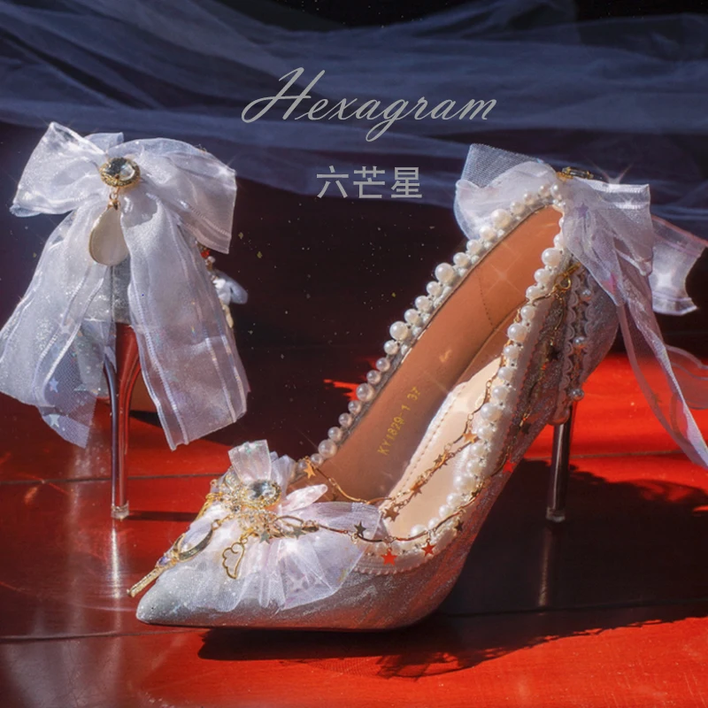Lolita Elegant Palaca Girl Shoes Noble Party Lace Bowknot Pearls Gems Wedding Pointed Sandals Adult gift crystal high heels
