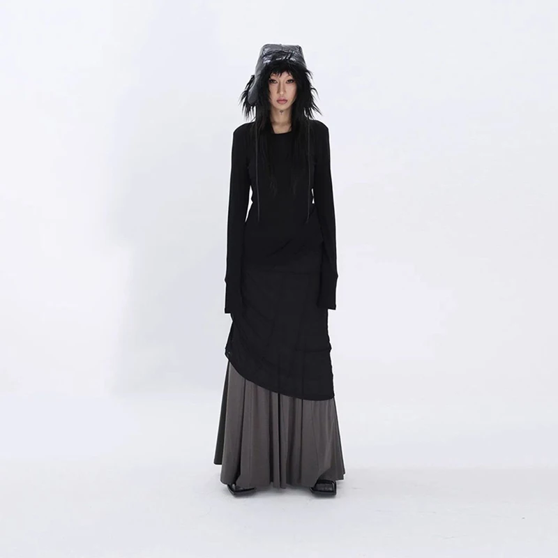 Y2K Long Skirt Women Harajuku Vintage Mesh Patchwork Pleated Maxi Skirts Summer Ladies Gothic High Waist Design A Line Faldas