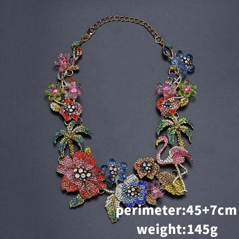 Fashion Colorful Crystal Rhinestone Flower Flamingo Necklace Women Indian Statement Large Collar Choker Necklace Wedding Jewelry