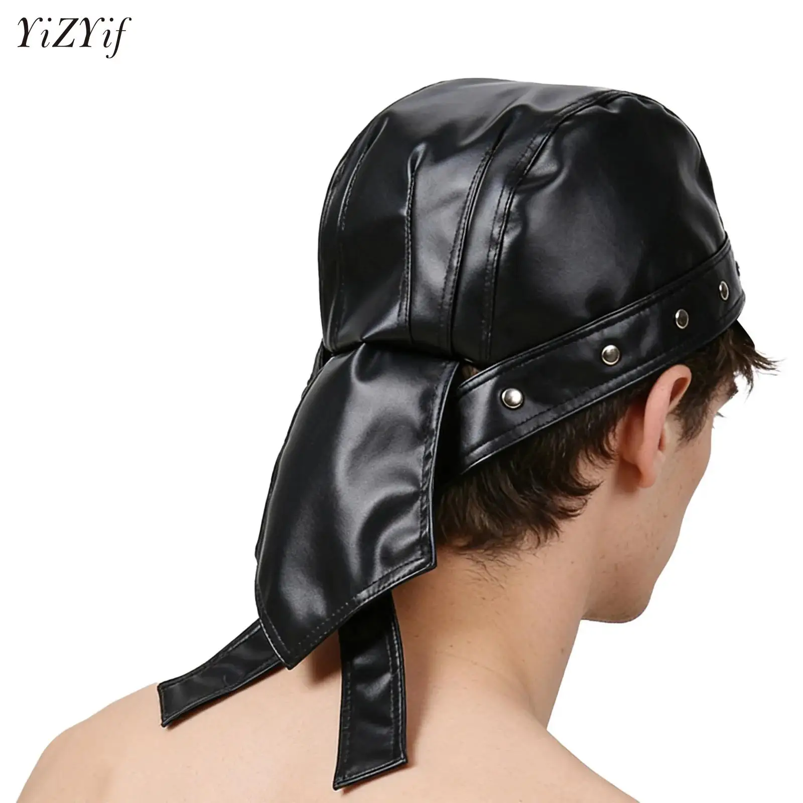 

Sailor Pirate Hat Black Leather Skull Bandana Motorcycle Helmet Headwrap Cap Edgy Halloween Cosplay Costume for Urban Biker Hat