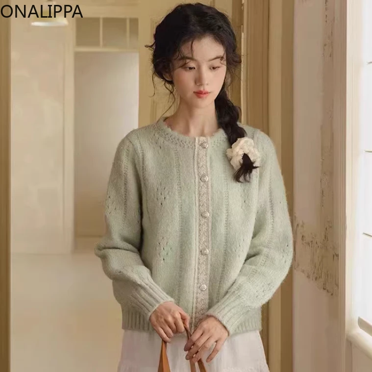 

Onalippa Lace Hook Flower Knitted Cardigans Vintage Slouchy Style Single Breasted Cardigan Korean Sweet Solid Loose Sweater