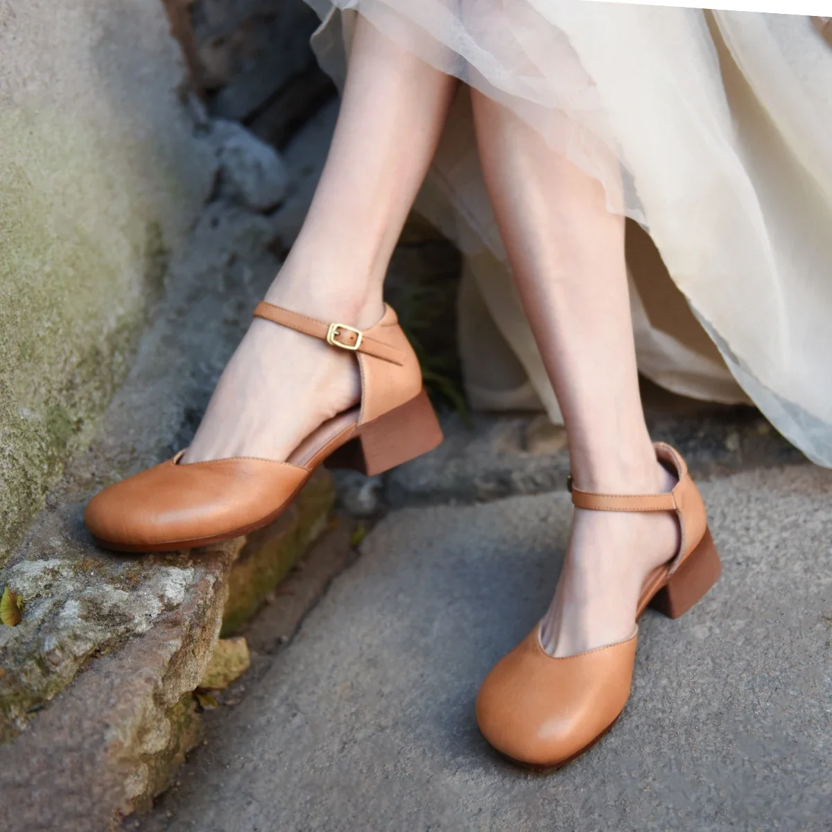 Artmu Genuine Leather Thick Heel Closed Toe Sandals For Women Luxury Elegant Pumps 4.5cm High Heel Shoes Buckle Ladies Shoes