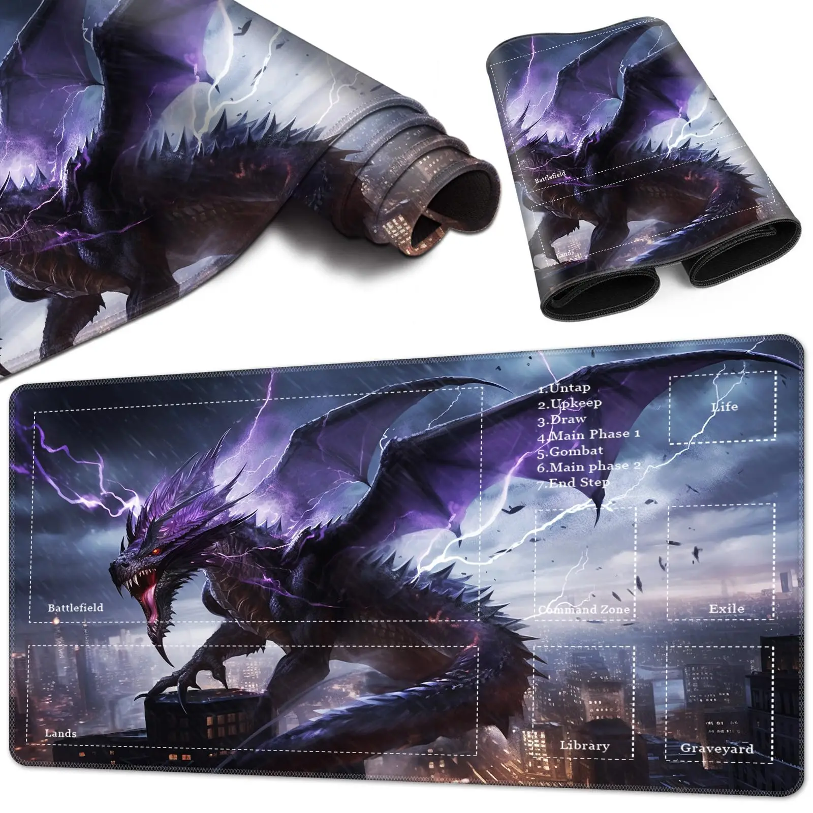 Fantasy Purple Lightning Dragon Card Playmat for MTG Trading Card Game Board Game with Zones for TCG Playmat and Other Card Game