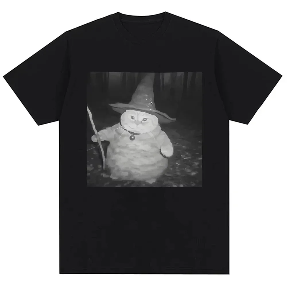 Trend Humor Joke Novelty Women Short Sleeve Vintage T-shirt Fat Wizard Cat Funny Meme Graphic T Shirts Versatile Casual