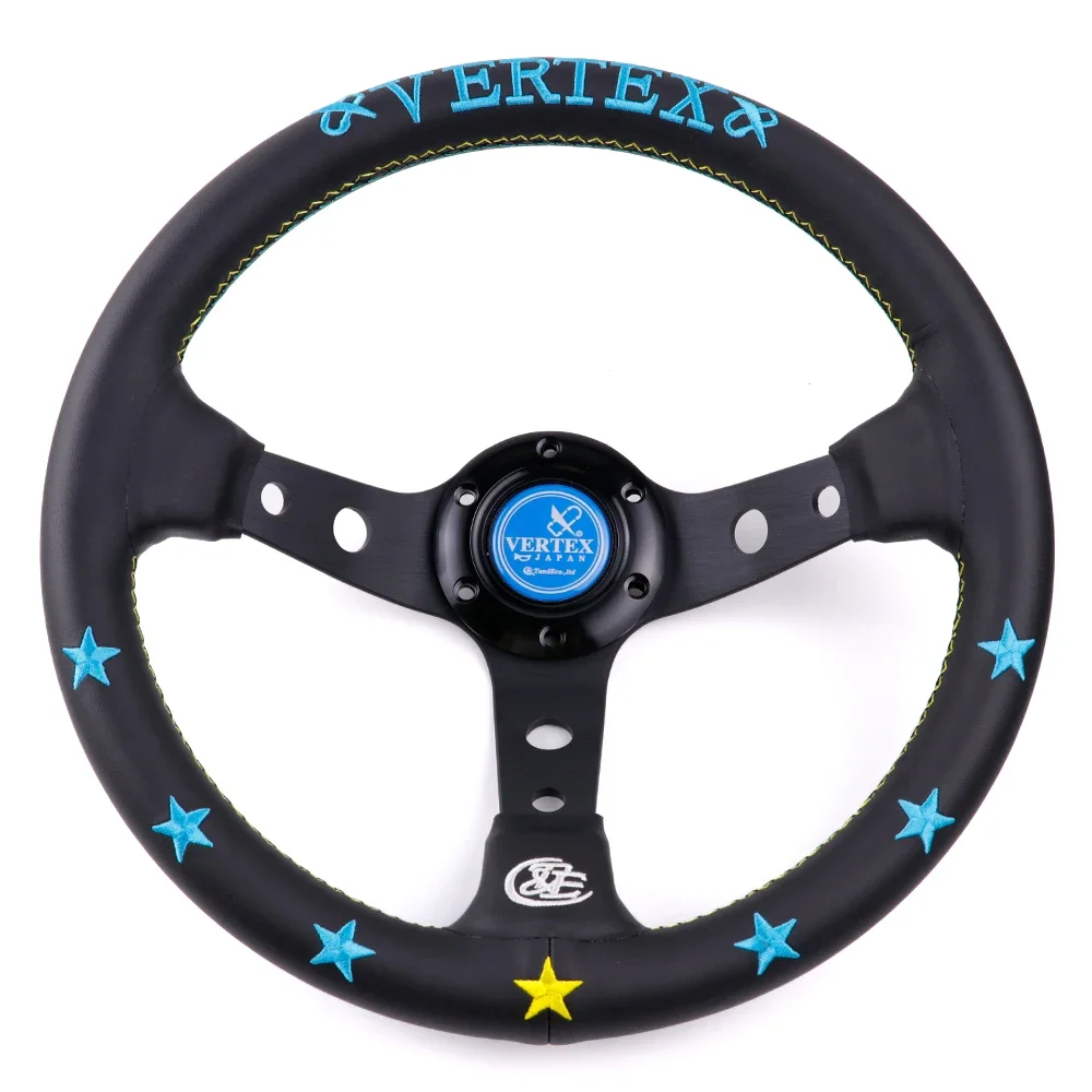 Embroidery 13inch Vertex Black Genuine Leather Deep Dish Drift Sport Steering Wheel