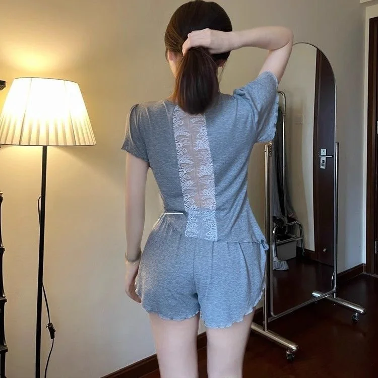 Sexy Backless Modal Sleepwear Set Women's Summer Short Sleeve Lace Home Clothes Can Be Worn outside V-neck Soft Breathable