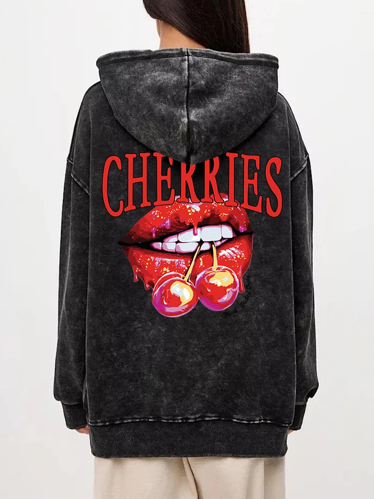 Oversized Womens Washed Hoodie Cherries On The Lips Print Pullover Comfortable Warm Cotton Sweatshirts Casual Couple Streetwear