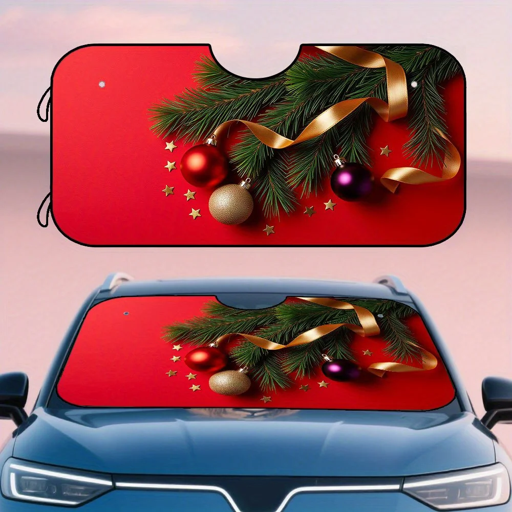 1pc, Christmas Red Golden Balls Branch Print Car Windshield Visor, Compact Foldable Shade For Fast Access And City Living, Fits