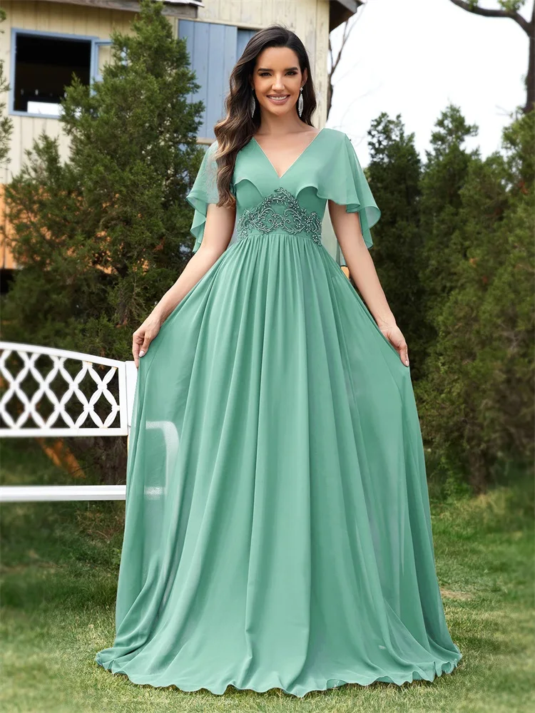 

XUIBOL Elegant Chiffon Short sleeve Formal Evening Dresses Long 2024 Luxury Women Bridesmaid Party Dress Cocktail Prom Gowns