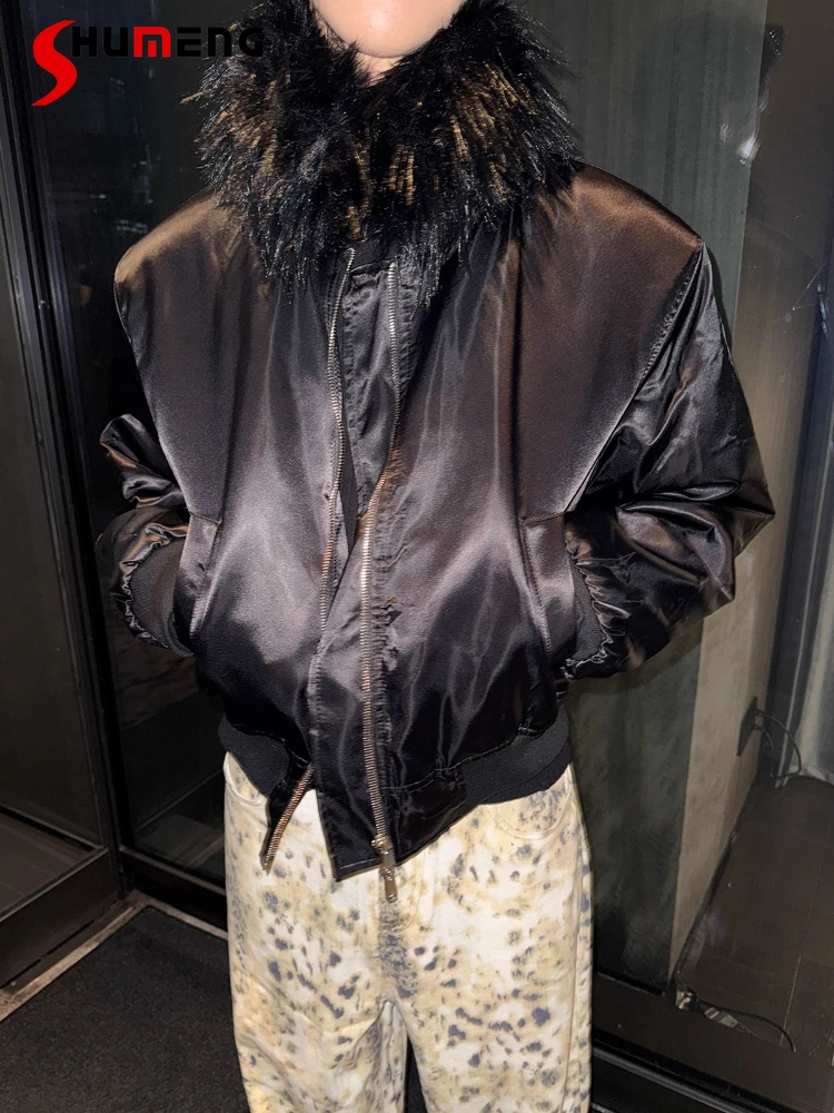 

Men's 2025 Winter New Satin Faux Fur Collar Jackets Men's Thickened Trendy Parkas Male Long Sleeve Solid Color Handsome Coats