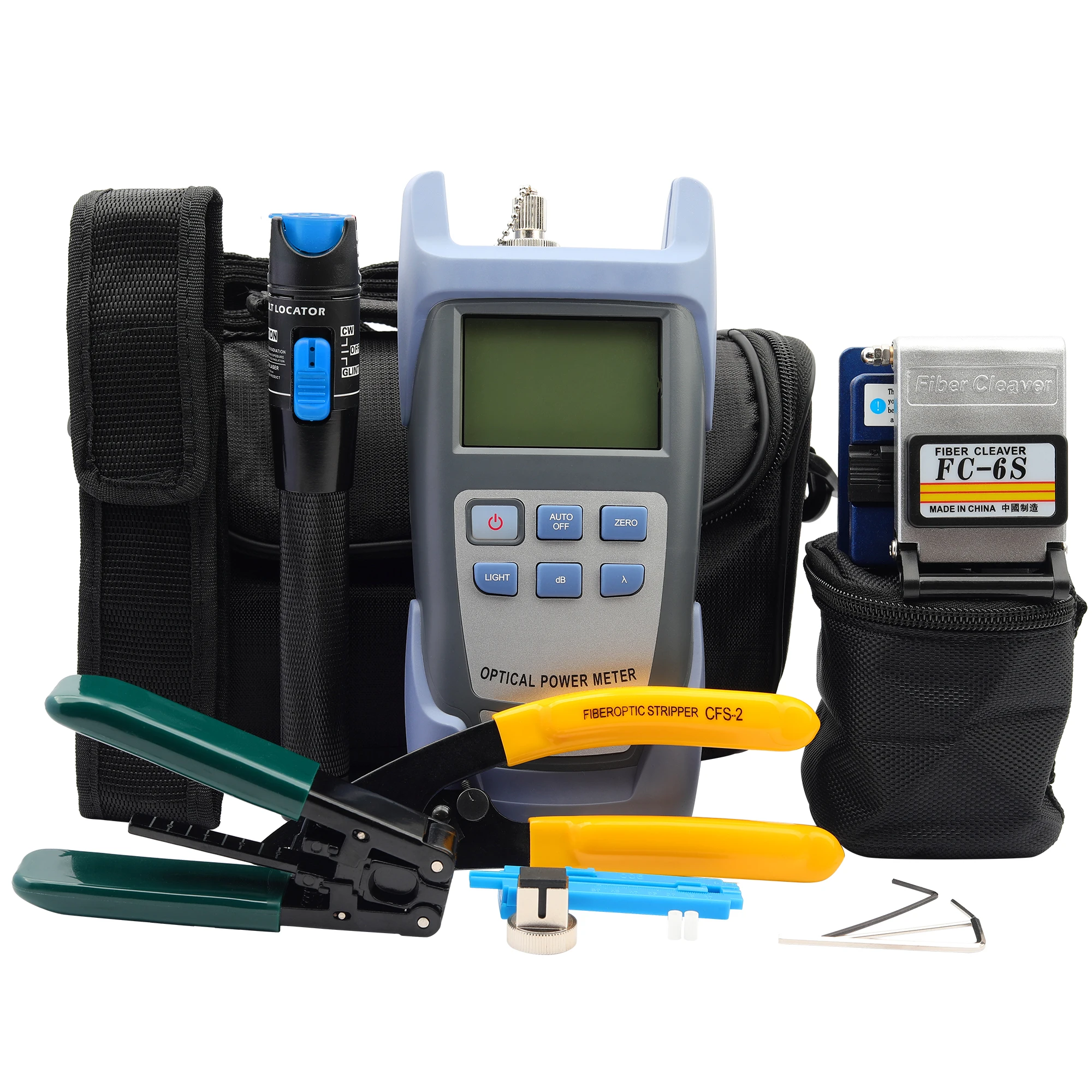 

Fiber Optic Cable Tester Tool Kit with FC-6S Fiber Cleaver Optical Power Meter Visual Fault Locator Fiber Cold Connect Tool Set