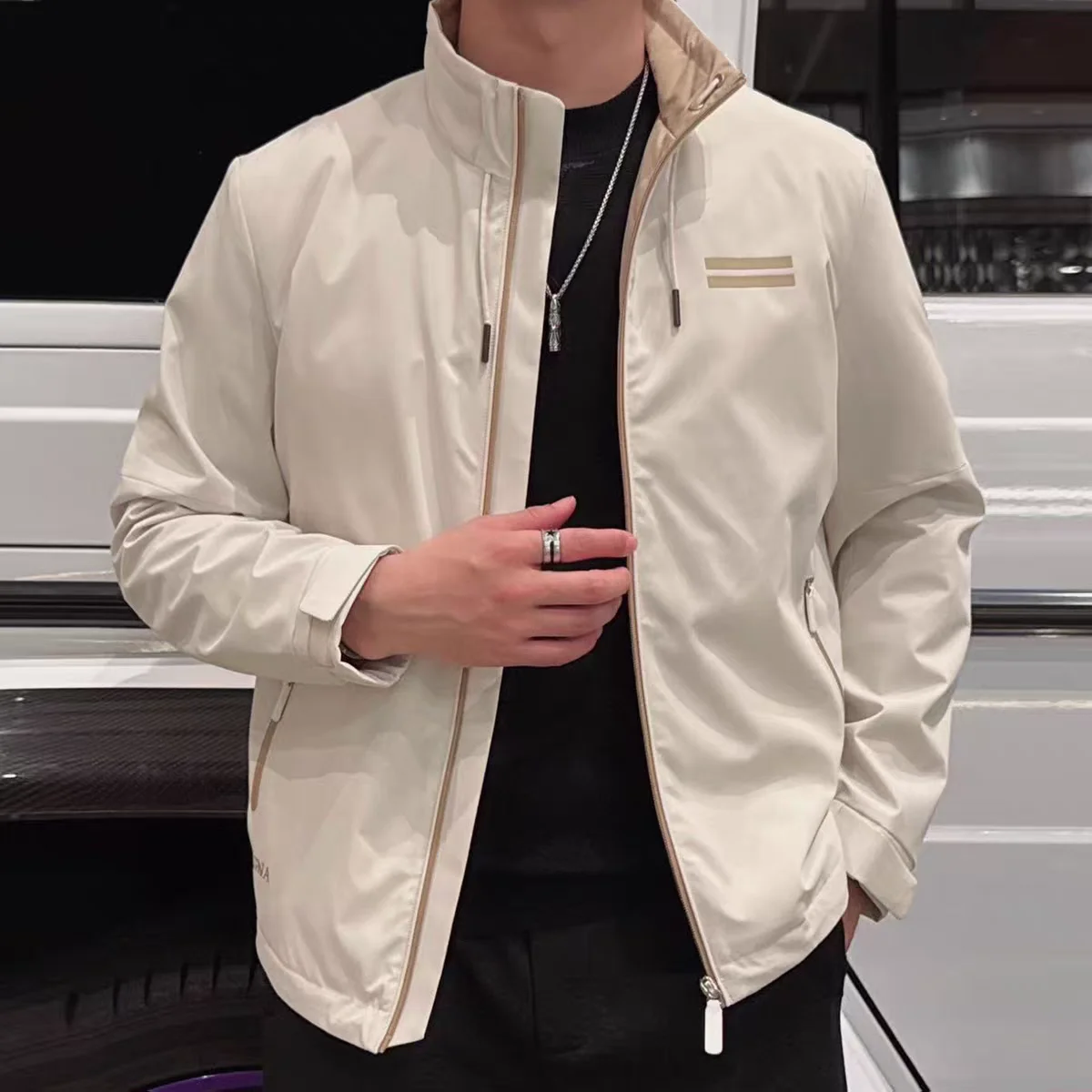 

MHTO Men's Casual Jaet Stand Collar Double Bar Print Busin Windproof Autumn Winter New Faion Outerwear Long Sve ...