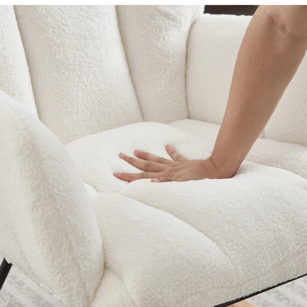Chaise planeuse pour salon, chaise à bascule capitonnée et rembourrée en tissu Teddy avec cadre en métal, chaise d'appoint, blanc ivoire