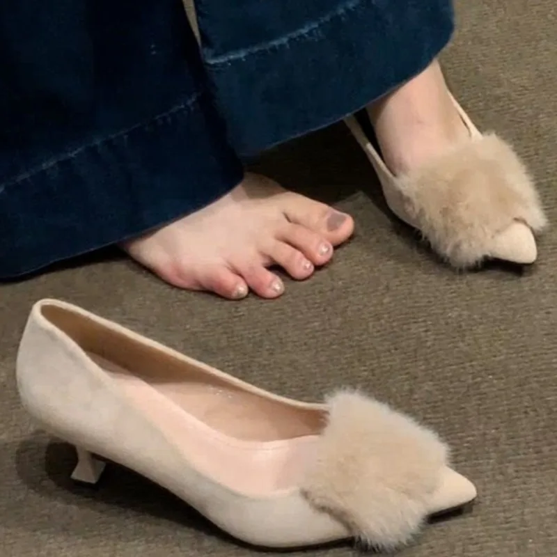 

Плюшевые туфли на шпильке, модные флисовые нескользящие износостойкие туфли-лодочки без шнуровки с острым носком