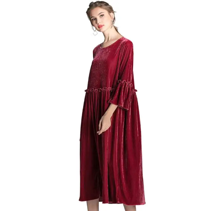 Robe en velours plissé à manches longues pour femmes, robe de soirée élégante, volants, printemps, automne, nouveau, 2024