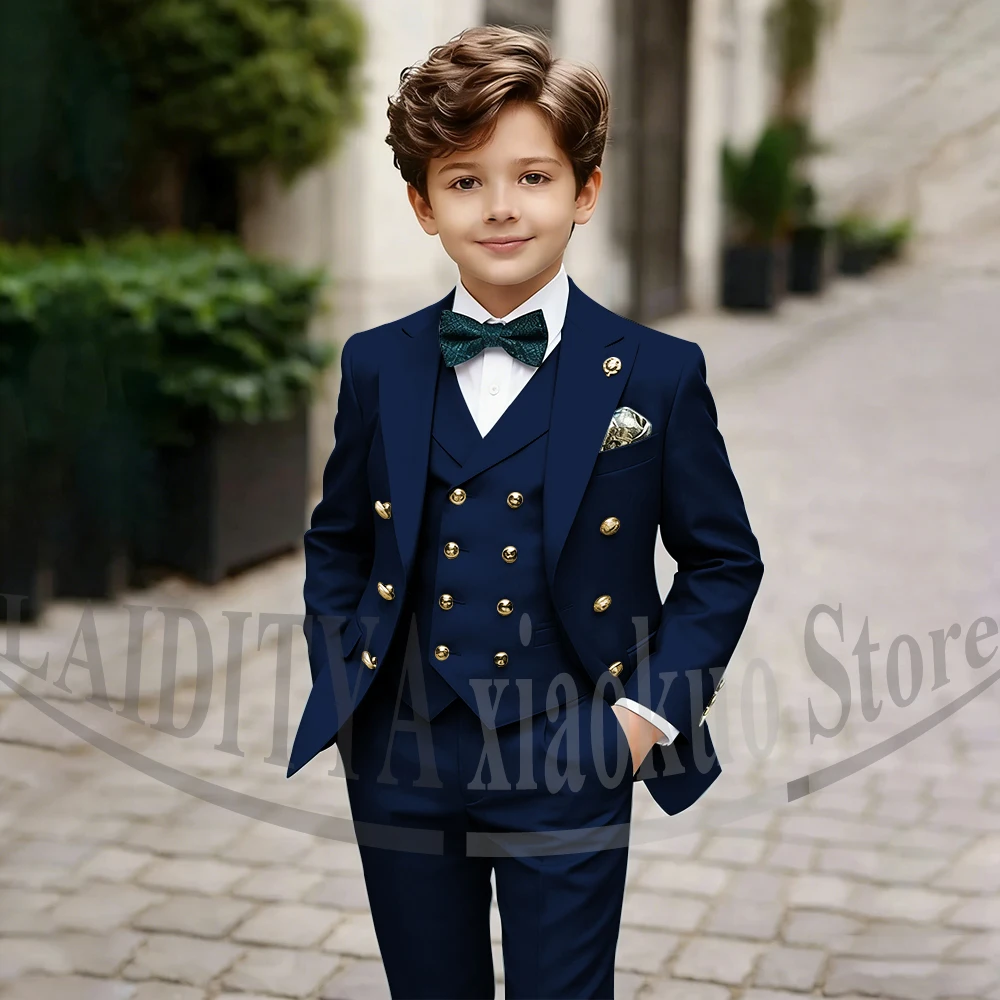 Chic Boys Formal Suit 3 Piece Double Breasted Peak Lapel Kids Wear Wedding Pageant Party Prom Outfit Solid Color Children's Suit