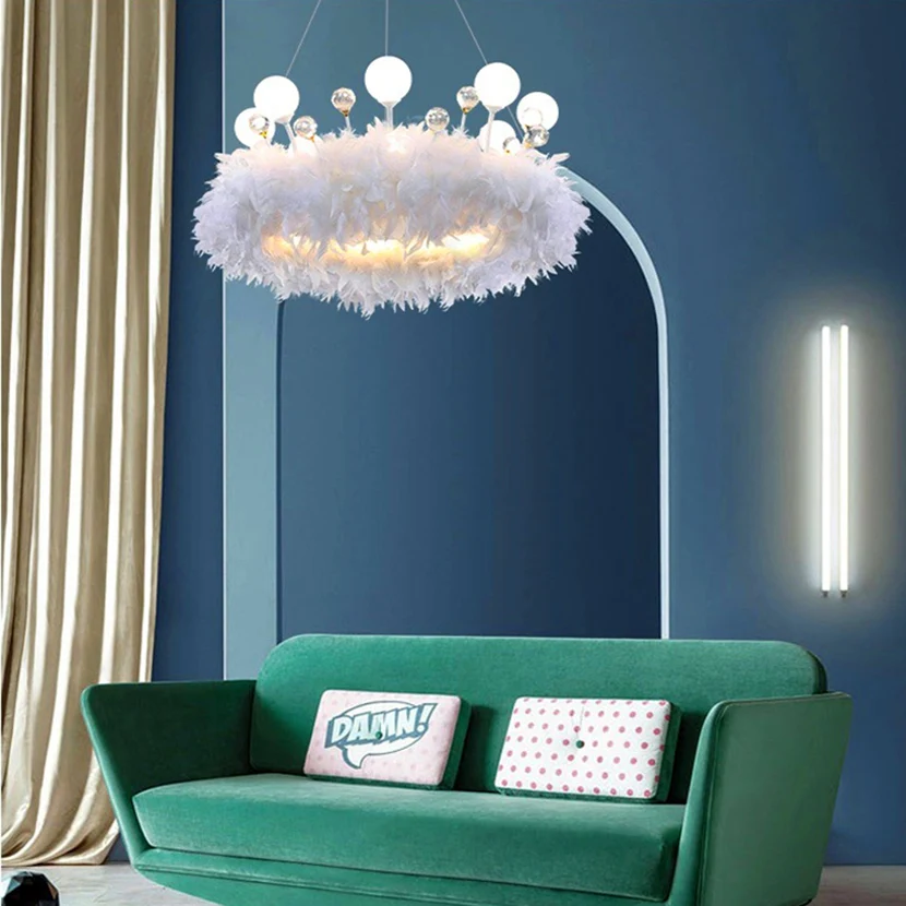 SANDYHA Modern LED Feather Chandelier with White Glass Ball Crystal Decoration Pendant Light Living Room Bedroom Hanging Fixture