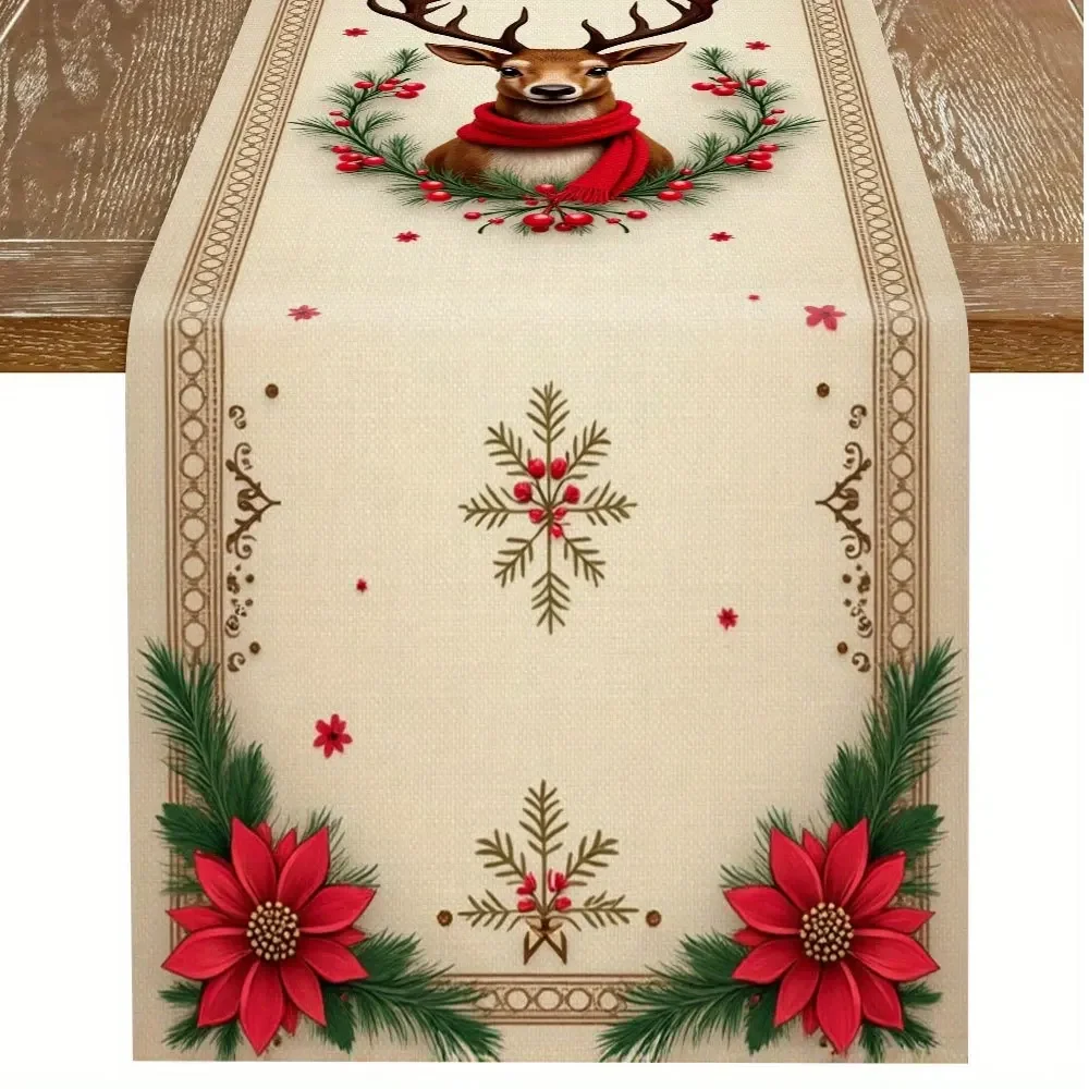 Linen Table Runner Red Farm Truck with Christmas Tree on Off White Buffalo Plaid Farmhouse Decor