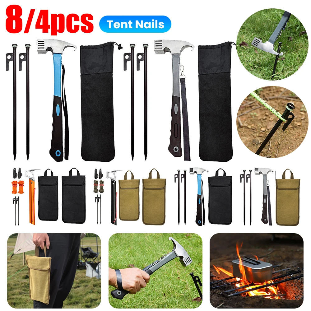 8/4Pcs Tent Clamps and Storage Bag Tent Stakes and Camping Hammer Set 11.8 Inch Metal Tent Stakes Camping Hiking Tent Accessorie