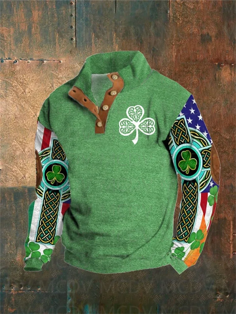 Men\'s Irish Cross St.Patrick Day Flah Print Button Casual Sweatshirt Men\'s Polo Pullover Men Sweater