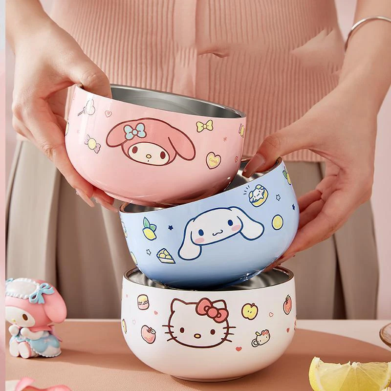 

Hello Kitty Kawaii Anime Sanrio Rice Bowl Double-Layer Anti Fall Children's Bowl Household Tableware Student Bowl Gifts for Kids