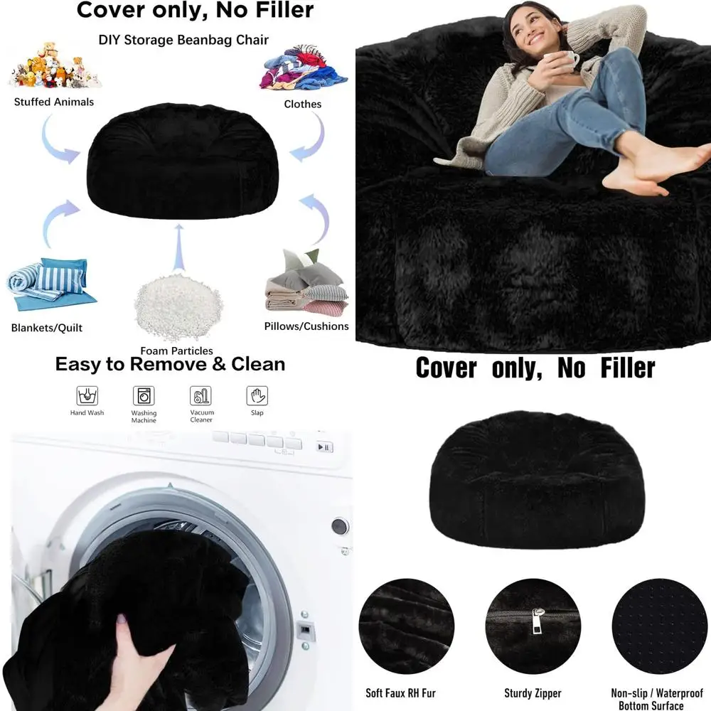 

6FT Large Faux Fur Bean Bag Chair Cover, Washable Sofa Bed Cover for Adults & Kids with Liner