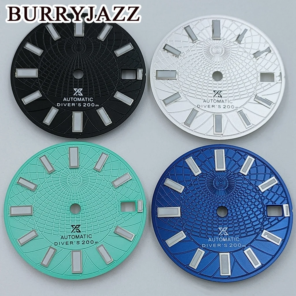 BURRYJAZZ 28.5mm No Logo NH35 Watch Dials Black Blue Silver Dial Green Luminous Fit 3 O'clock 3.8 O'clock Case Crown