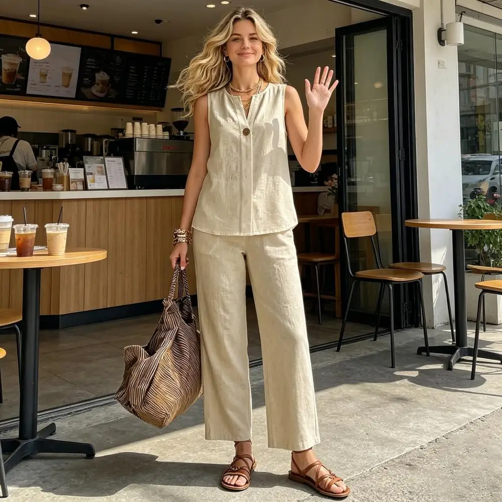 Versatile Women Two-piece Outfit 2 Piece Cotton Linen Set for Women V Neck Tank Top Wide Leg Pants with Pockets Lounge Outfit