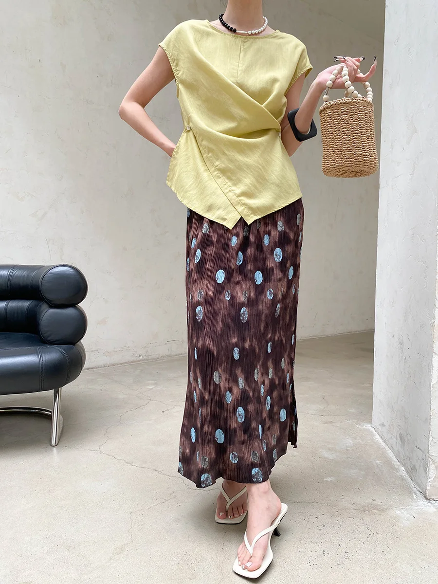 Sommerlicher Damenrock mit elastischem Bund, plissierter Textur, Retro-Print und geradem Schnitt – Detail 24