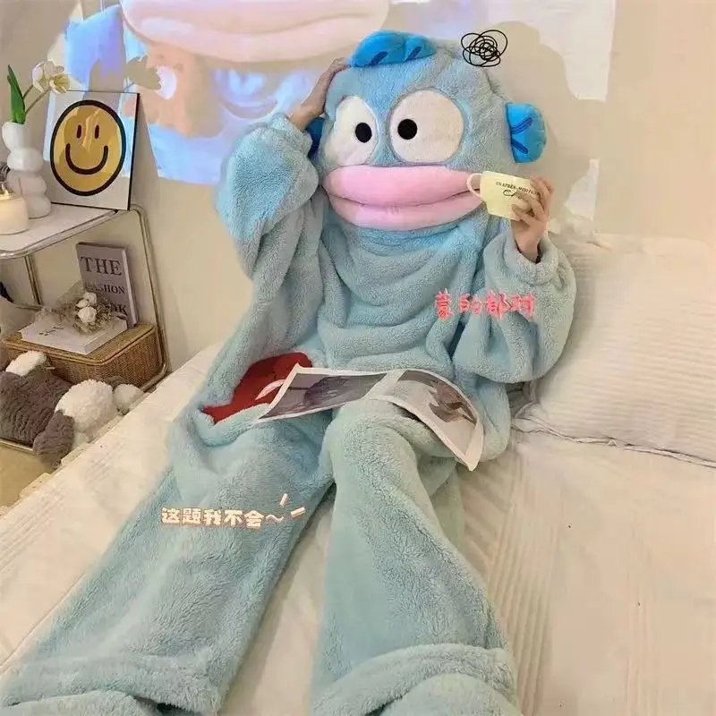 Sanrio dibujos animados Hangyodon mono de franela niñas invierno forro polar grueso cálido ropa de casa usable como prendas de vestir exteriores regalo de Navidad