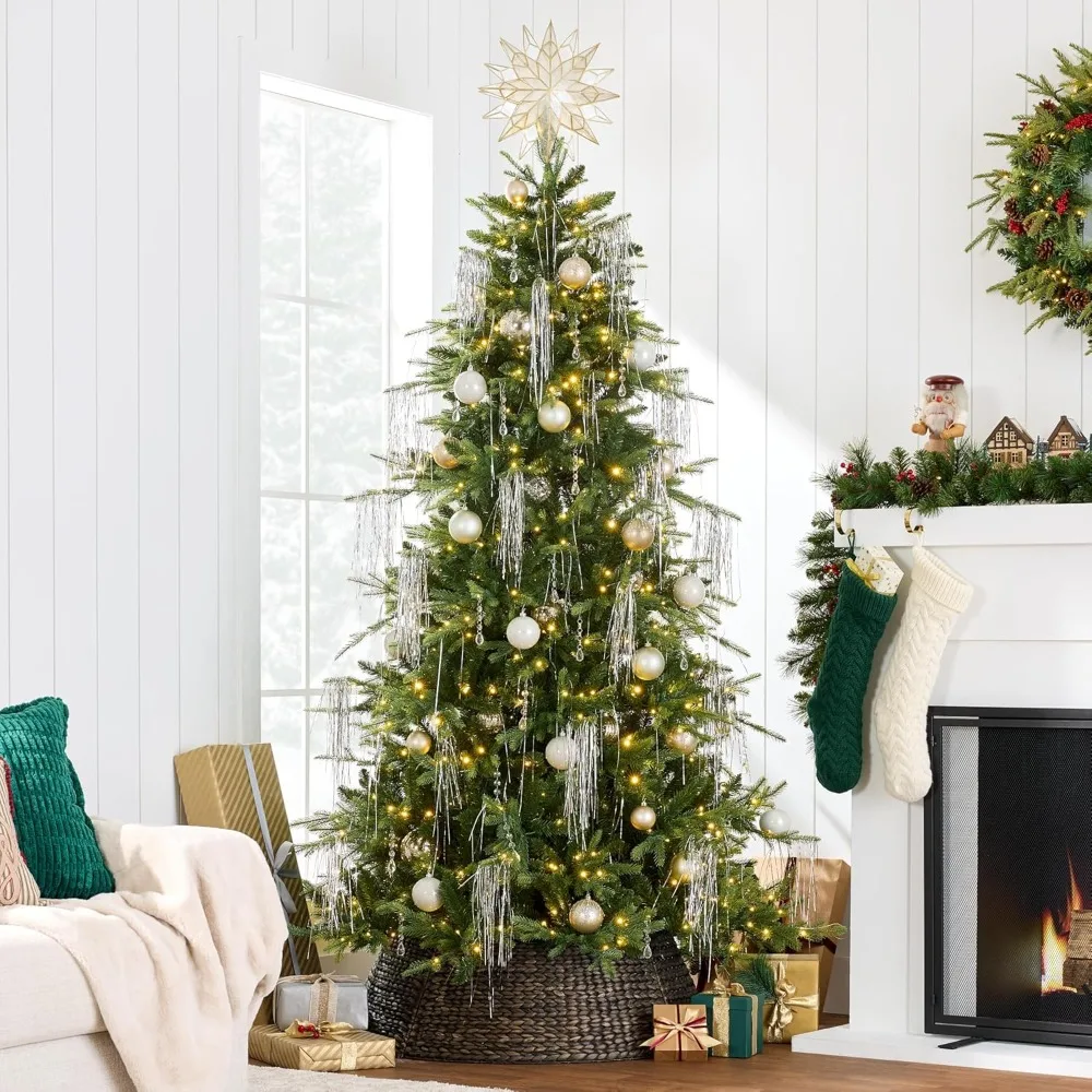 Full Aspen Christmas Tree, Pre-lit Realistic Noble Fir w/ 1,200 Glowing Micro LED Lights, 2-in-1 White