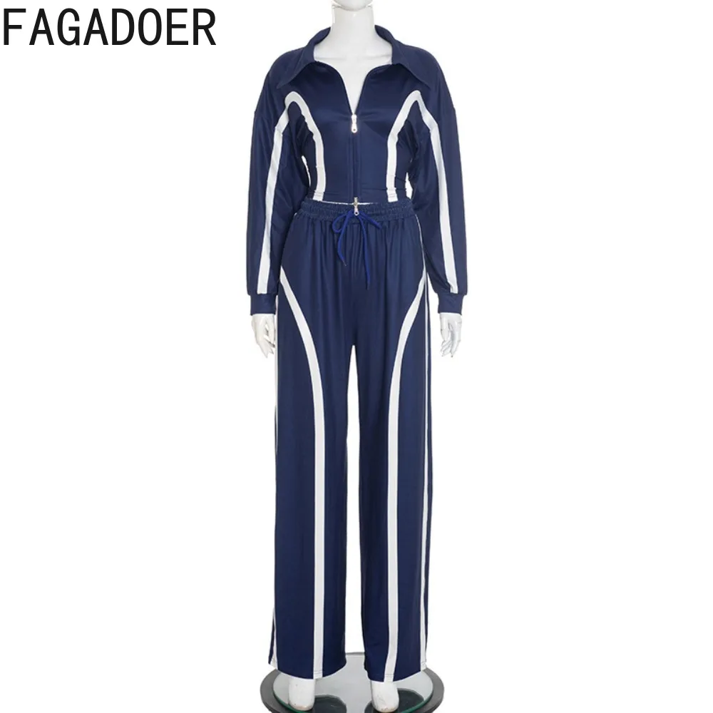 FAGADOER Set 2 Potong Kasual untuk Wanita Pakaian Atasan Crop Lengan Panjang Motif Garis Patchwork + Celana Serasi Pakaian Streetwear Wanita