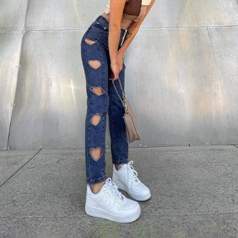 

Summer Y2K Heart-shaped High-waist Straight-leg Cut-out Ripped Jeans Women's Korean Slim-fit Trousers Casual Pants Streetwear