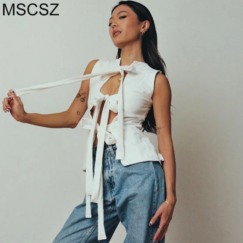 MSCSZ Sleeveless Lace Up Top For Women Fashion Slim Hollow Out Cotton Shirts and Blouses Sexy Summer Tnak Tops White