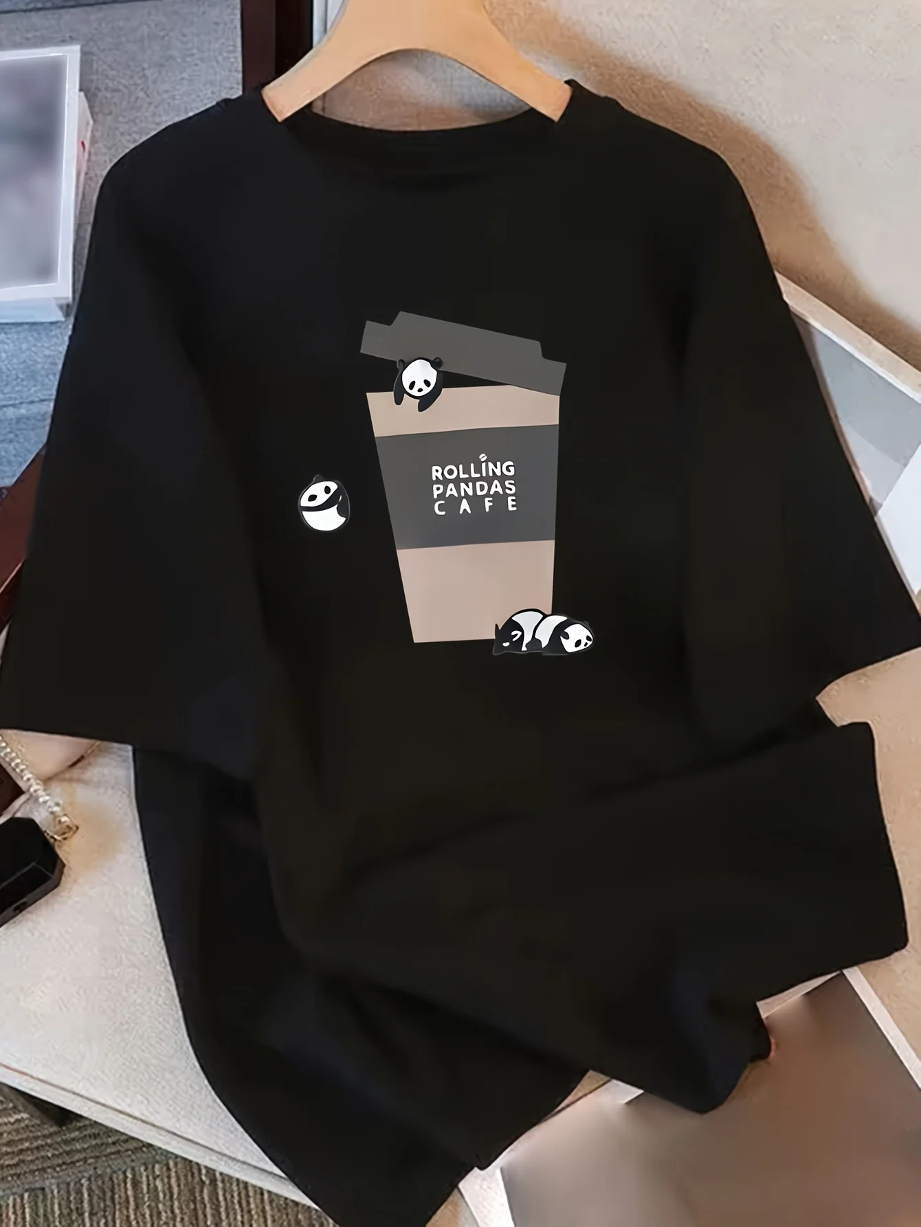 Women's Black Cute Panda Print T-Shirt Soft Breathable Perfect for Everyday Casual Wear Comfortable Short-sleeved Top Minimalist