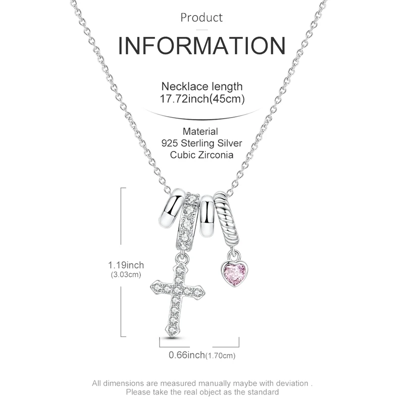 S925 Sterling Silver Multi‑Ring Slide Pendant Necklace Paved CZ Cross & Pink Heart Charm Chain Necklace Tender Love Jewelry Gift