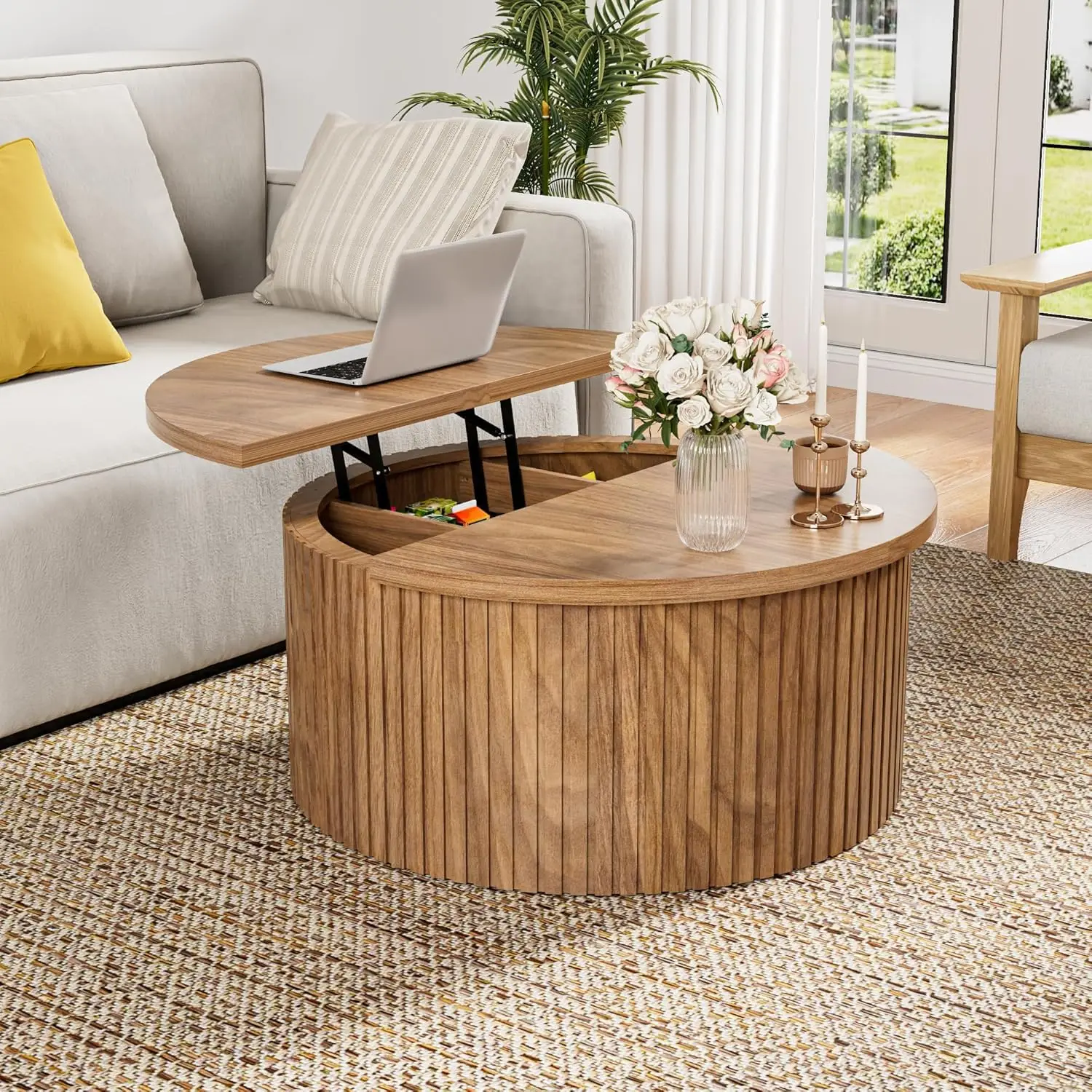 숨겨진 수납 공간이 있는 라운드 리프트 탑 커피 테이블, 거실용 31.6인치 모던 커피 테이블, 원형 목재 플루티드